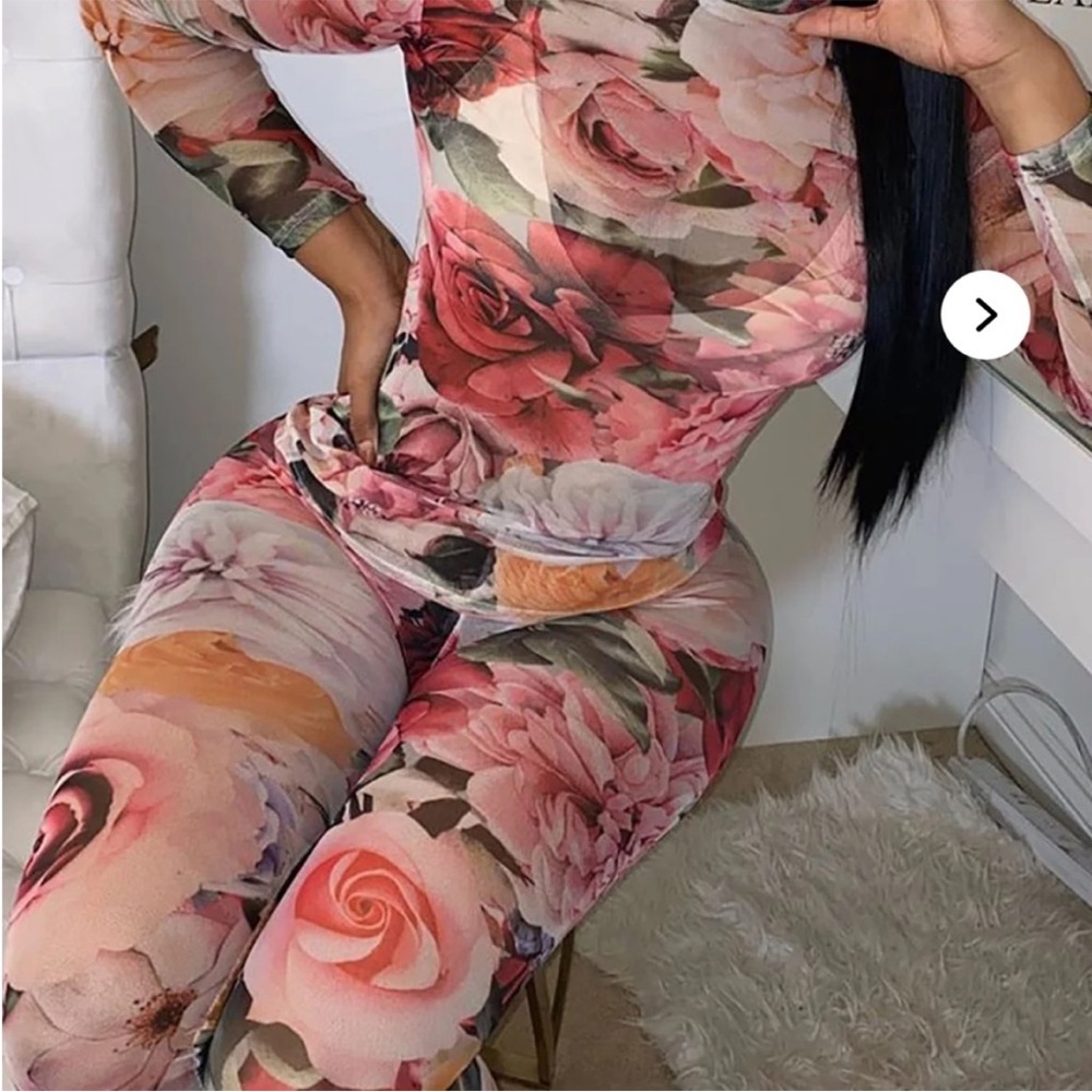 Fashion Nova Pink Floral Mesh Jumpsuit
